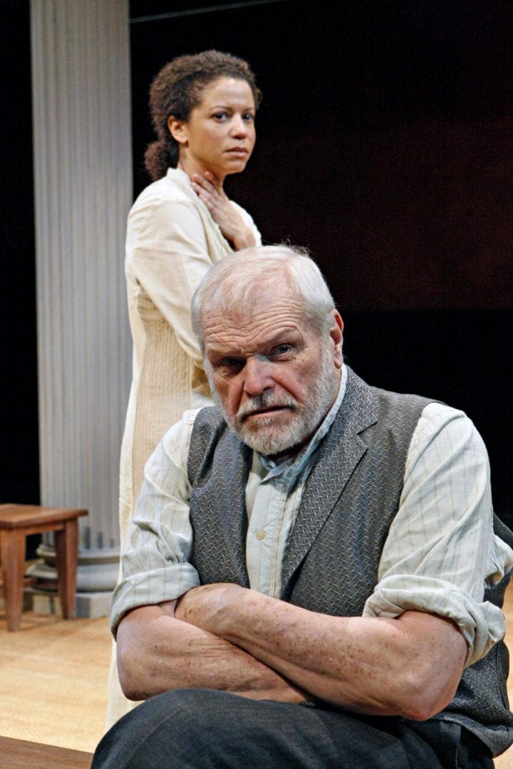 Brian Dennehy and Gloria Reuben in The Public Theater production of CONVERSATIONS IN TUSCULUM, Written and Directed by RICHARD NELSON, Starring Brian Dennehy, Joe Grifasi, Aidan Quinn, Gloria Reuben, David Strathairn and Maria Tucci, Scenery by Thomas Lynch, Costumes by Susan Hilferty, Lighting by Jennifer Tipton, Original Music and Sound by John Gromada.